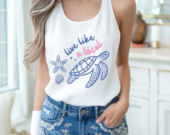 Boho Sea Turtle Racerback Tank Top, Beach Vacation Shirt, Coastal Summer Tank, Ocean Lover Apparel
