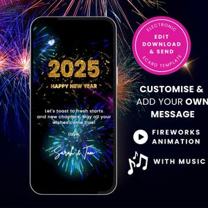 Carte numérique du Nouvel An avec ANIMATION et MUSIQUE Carte postale électronique modifiable de bonne année 2024 2025 Carte virtuelle vidéo personnalisée 2025, téléchargement immédiat, feux d'artifice SC04