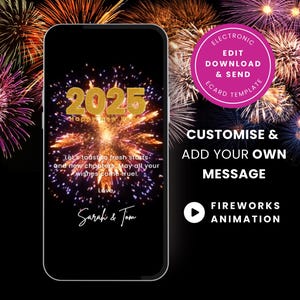 Cartão animado de feliz ano novo, cartão eletrônico digital editável de ano novo 2024 2025, cartão eletrônico de vídeo, download instantâneo para celular, fogos de artifício SC09