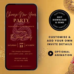 Invitation numérique du Nouvel an chinois MODIFIABLE Invitation de fête 2024 lunaire NYE Evite mobile Invitation animée année du serpent E Vite CNY02