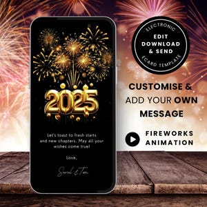 Plantilla de Canva para tarjeta de felicitación de Año Nuevo 2025 editable, saludos digitales de fuegos artificiales, tarjeta de felicitación digital, descarga instantánea Feliz Año Nuevo NY02