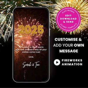 Animierte Neujahrskarte, bearbeitbare digitale Frohes Neues Jahr-ecard 2024 2025, benutzerdefinierte Video e-Karte, mobiler Sofort-Download, Feuerwerk, SC05
