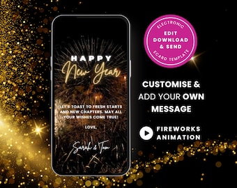 Digital Animated New Year Card, Editable Happy New Year ecard 2024, Electronic Canva Video e card, Mobile Instant Download, Fireworks SC11