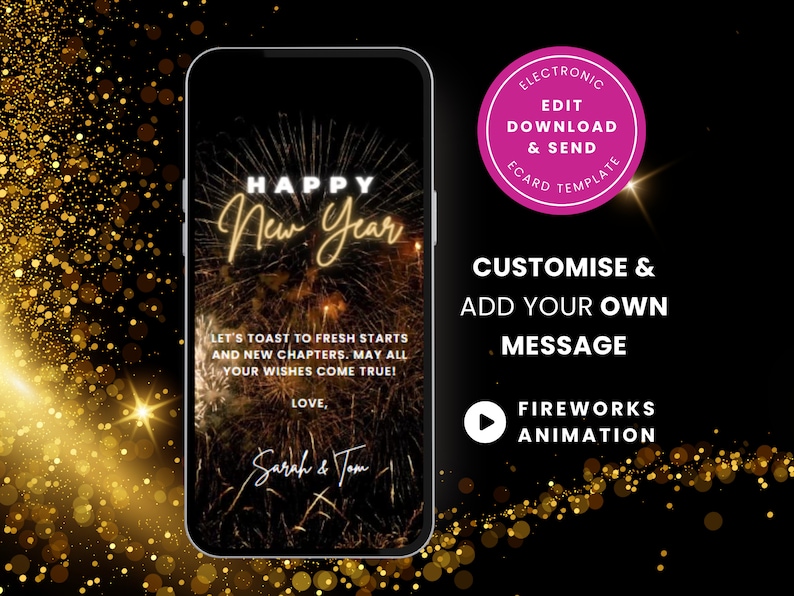 Digital Animated New Year Card, Editable Happy New Year Ecard 2024