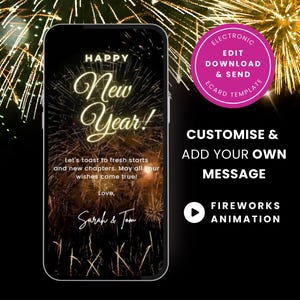 Carte animée du Nouvel An, carte virtuelle numérique modifiable de bonne année 2024 2025, carte virtuelle vidéo personnalisée sur toile, téléchargement immédiat sur mobile Fireworks SC08