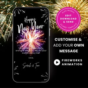 Cartão animado de feliz ano novo, cartão eletrônico digital editável de ano novo 2025, cartão eletrônico personalizado do Canva Video, download instantâneo para celular, fogos de artifício, SC07