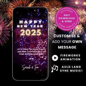 Carte numérique de bonne année, carte virtuelle animée et modifiable du Nouvel An 2024 2025 carte virtuelle vidéo personnalisée, téléchargement immédiat mobile feux d'artifice MUSIQUE HNY05