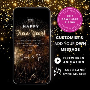 Cartão eletrônico de Ano Novo Digital Editável 2024 2025 Cartão de Feliz Ano Novo Animado, Cartão eletrônico de vídeo, Download instantâneo para celular, MÚSICA NY01