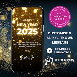 Carte de voeux animée numérique pour le Nouvel An, carte virtuelle modifiable du Nouvel An 2024 2025, carte virtuelle vidéo électronique sur toile, téléchargement immédiat sur mobile Gold SC10