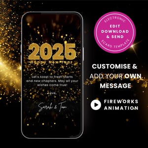 Carte animée de bonne année, carte virtuelle numérique modifiable pour 2025, carte virtuelle électronique vidéo sur toile, téléchargement mobile instantané, feux d'artifice or SC101