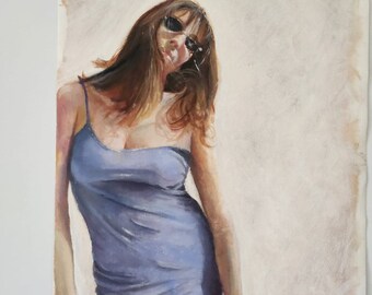 Original art oil painting on Canvas "women in blue dress"  a women with blue dress looking to the ather side.