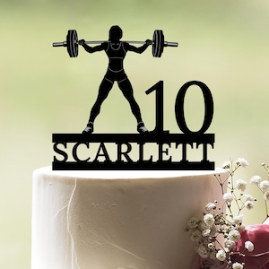 Female weight lifting birthday cake topper, Bodybuilding woman cake topper, Gym girl cake topper with barbell, Female name age topper, c162