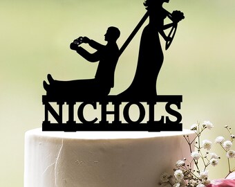Game wedding cake topper, Bride pulling groom cake topper, Video game wedding cake topper, Gamer cake topper, Gaming couple cake topper, c72