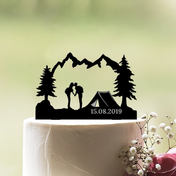 Camping wedding cake topper, Mountain wedding cake topper, Hiking tent wedding topper, Outdoor couple cake topper, Camp cake topper, c122