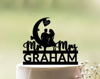 Moon wedding cake topper, To the moon and back wedding cake topper, Moon cake topper, Mr and Mrs cake topper, Crescent cake topper, c139