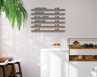 Wall mounted menu, Changeable letter board, Cafe wall menu, Letter board, Barbershop menu, Wooden rails, Menu board, Hanging menu sign