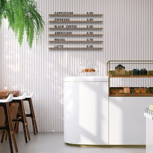 Cardápio de parede, Quadro de letras alterável, Cardápio de parede de café, Quadro de letras, Cardápio de barbearia, Trilhos de madeira, Quadro de menu, Placa de menu suspensa