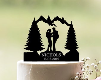 Hiking cake topper, Camping wedding cake topper, Backpacking bride and groom topper, Mountain cake topper, Outdoor wedding cake topper, c124