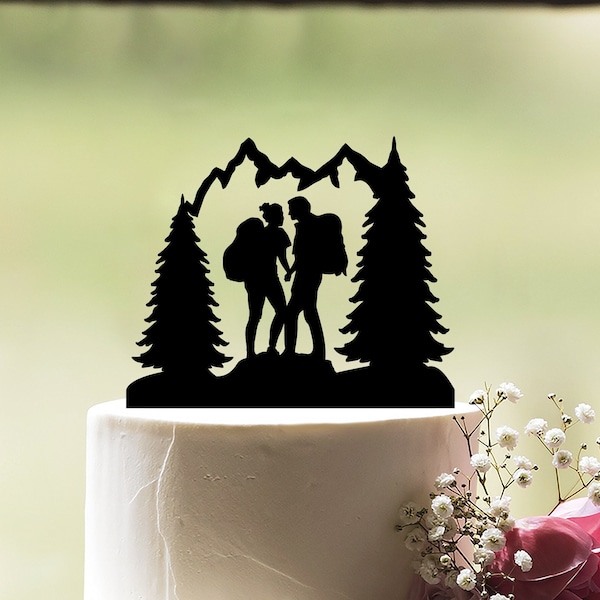 Hiking cake topper, Camping wedding cake topper, Mountain cake topper, Backpacking bride and groom outdoor topper, Camp cake topper, c117