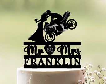 Motorcycle wedding cake topper, Motorbike wedding cake topper, Mr and Mrs motorcycle cake topper, Biker groom and bride  cake topper, c126