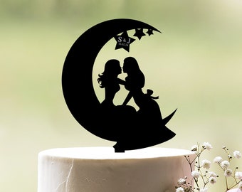 Lesbian moon cake topper, Mrs and Mrs cake topper, Two brides topper, Lesbian wedding cake topper with moon and stars, Lesbian topper, c102