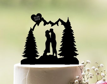 Mountain wedding cake topper, Forest wedding cake topper, Outdoor wedding cake topper, Mountain bride and groom cake topper, c114