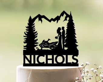 Snowmobile wedding cake topper, Outdoor winter wedding cake topper, Snowmobile bride and groom cake topper, Mountain cake topper, c123