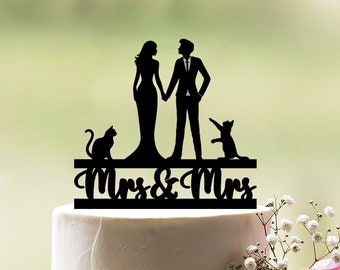 Cat wedding cake topper, Cake topper with cat, Mr and Mrs topper with cat, Two cats wedding cake topper, Wedding cake topper with pet, c133