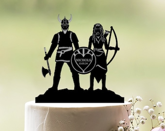 Viking wedding cake topper, Custom bride and groom viking topper, Viking couple cake topper, Vikings with ax and bow and arrows topper,c119