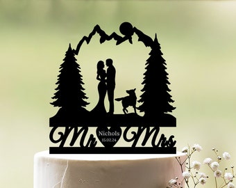 Mountain wedding cake topper with dog, Outdoor cake topper with german shepherd, Forest cake topper,  Custom cake topper with dog, c118