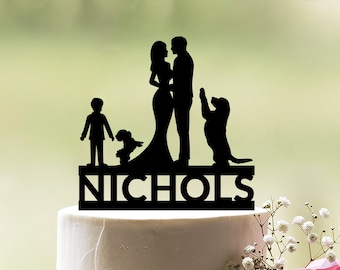 Family cake topper with dog, Wedding cake topper with kids, Custom cake topper with dogs and child, Family wedding cake topper dogs, c18