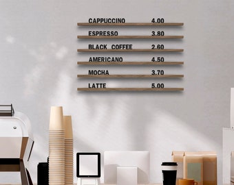 Wall menu, Letter board, Cafe wall menu, Changeable letter board, Bar menu, Wall mounted menu rails, Wooden rails for cafe, Menu board