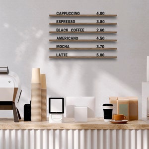 Cardápio de parede, Quadro de letras, Cardápio de parede de café, Quadro de letras alterável, Cardápio de bar, Trilhos de menu montados na parede, Trilhos de madeira para café, Quadro de menu