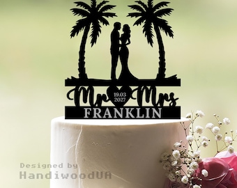 Palm Tree Cake Topper, Wedding Cake Topper, Tropical Cake Topper, Beach Cake Topper, Acrylic Cake Topper, Custom Mr and Mrs Cake Topper, c28