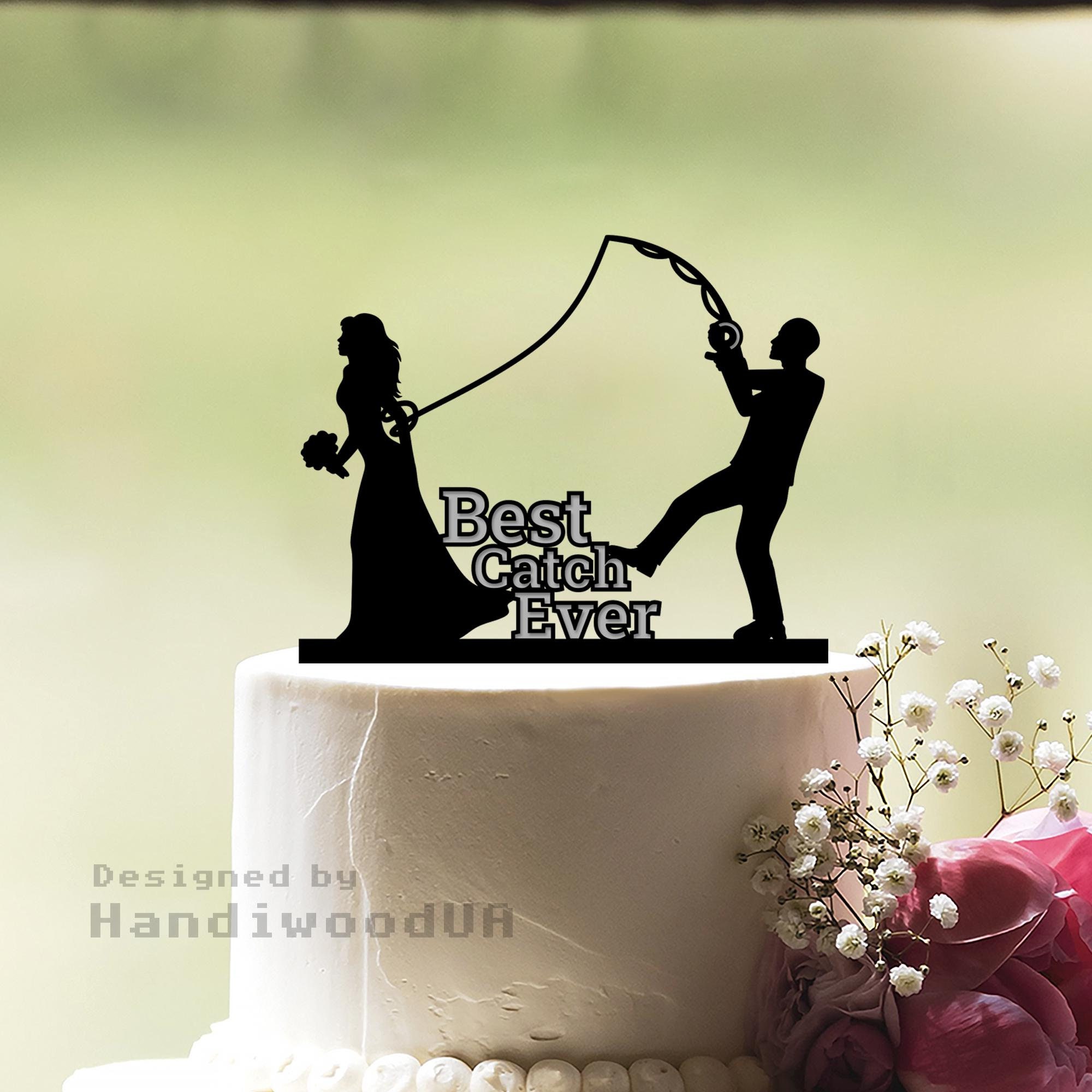 Adorno para tarta "La mejor captura de la historia", adorno para tarta "Novio tirando de la novia", adorno para tarta de bodas de pesca, adorno para tarta de Sr. y Sra. con caña de pescar, c230