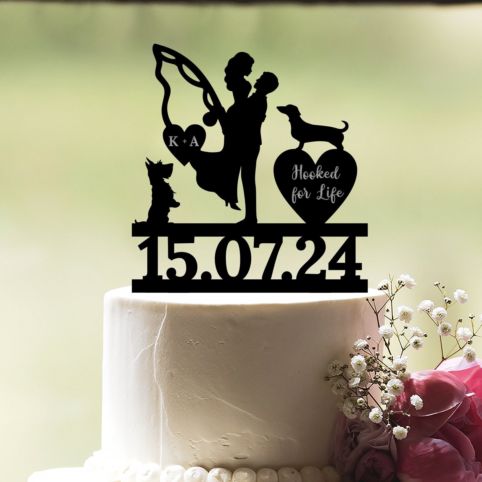 Fishing Wedding Cake Topper, Hooked for Life Cake Topper, Groom Pulling