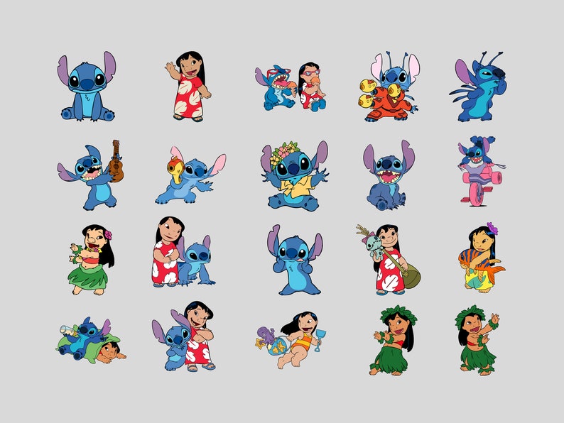 Plus de 250 fichiers groupés Lilo et Stitch Clipart, Cricut, silhouette, fichiers vectoriels coupés lilo et stitch clipart png Plus de 110 modèles uniques image 1