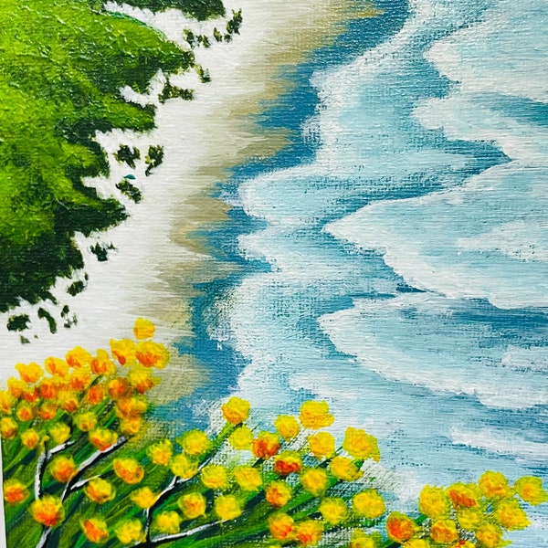 Seaside, Acrylgemälde «Die Tide», die Meereswellen, gelbe Blumen, seascape wall art