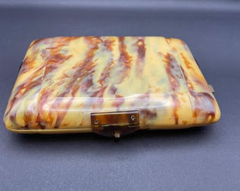 Estojo de Maquiagem Art Déco em Baquelite, Década de 1920 - Efeito Tartaruga, com Espelho - Caixa de Cosméticos Antiga