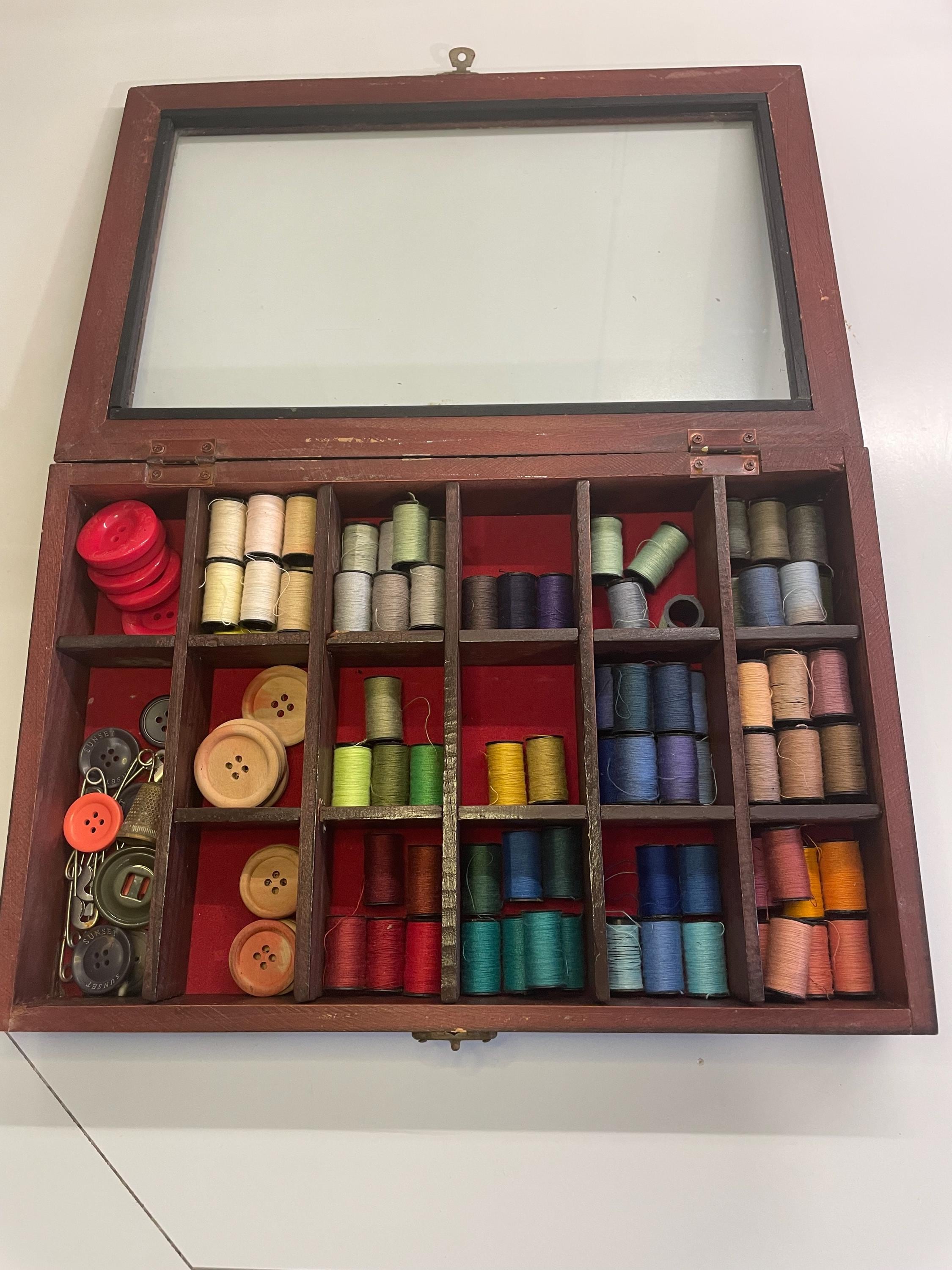 Vintage Wooden Sewing Box 1950s Glass Lid - Wooden Sewing Box for Buttons and Threads - Retro Storage Organizer