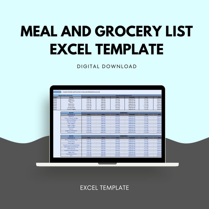 Meal and Grocery List Excel Template Etsy