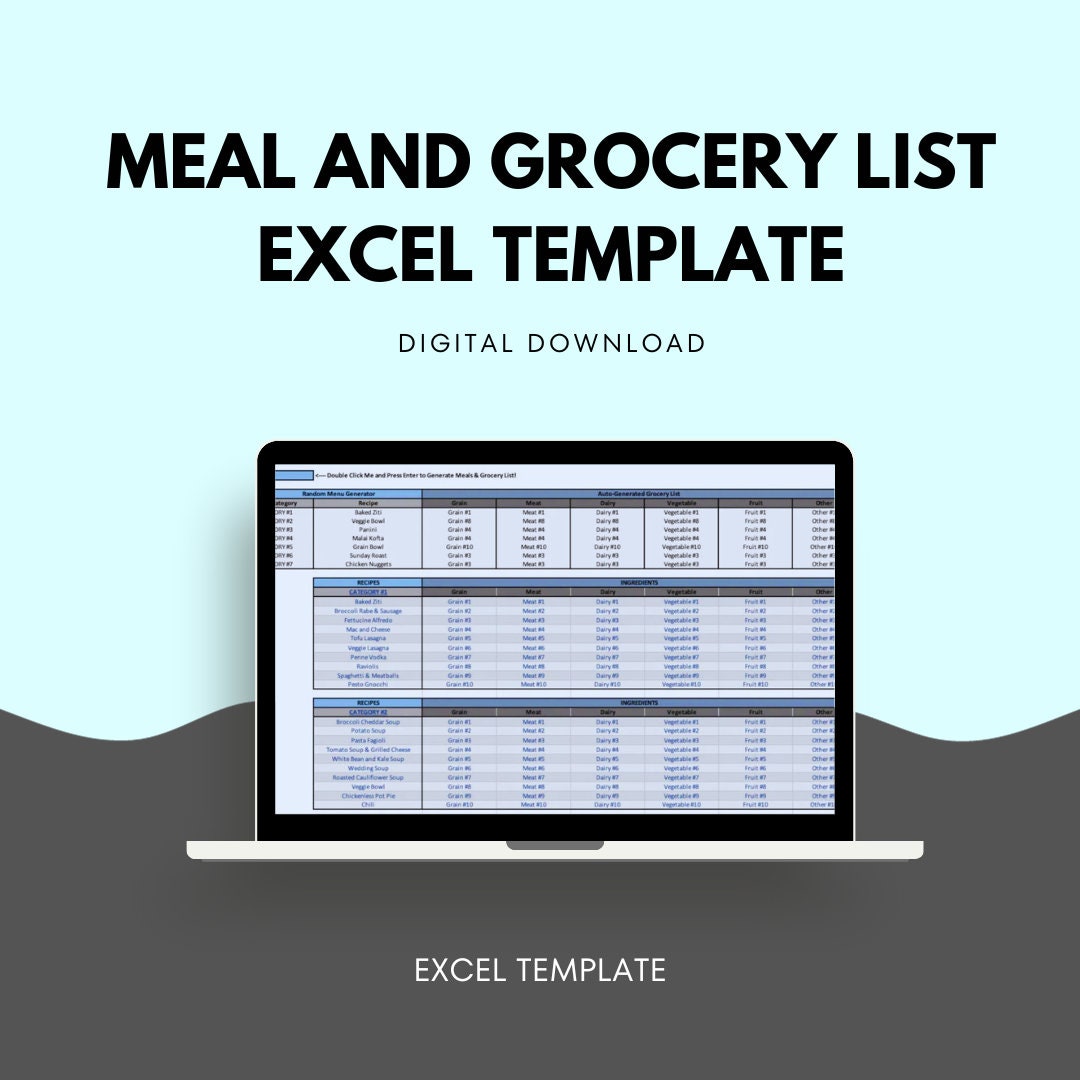Meal and Grocery List Excel Template Etsy Meal and Grocery List Excel Template Etsy