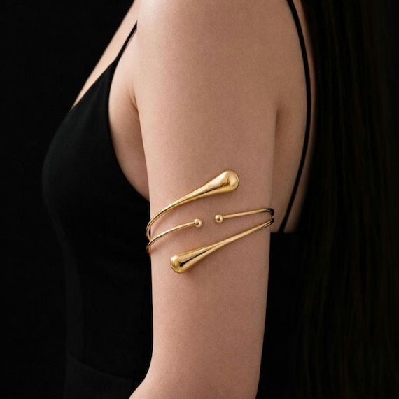 18k Solid Gold Drop Armlet Upper Arm Cuff, Minimalist Adjustable Arm Band Bracelet for Women, Chunky cuff Modern Statement Body Jewelry Gift