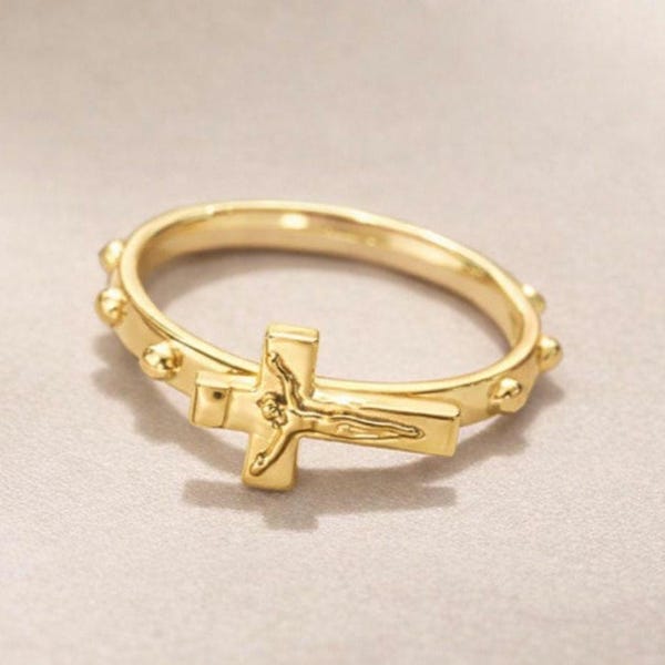 Moderne gouden kruisbeeld rozenkrans ring, decennium gebed verstelbare ring, sierlijke christelijke sieraden, bevestiging, miskraam cadeau, unieke ring cadeau