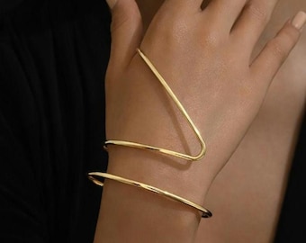 Minimalist 18k Gold Wrap Bracelet, Open Adjustable Hand Cuff Modern Wave Bracelet, Sculptural Statement Jewelry Layering jewelry, Gift Ready