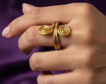 18K Gold Plated Spiral Ring - Adjustable Bohemian Brass Jewelry