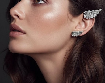 Sterling Silver Angel Wing Ear Cuff, Climber Earrings, Minimalist Boho Ear Wrap, Silver Wing feather ear cuff, Unique Statement Jewelry Gift
