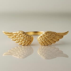Anillo minimalista de alas de ángel de oro, anillo ajustable de doble pluma, joyería simbólica delicada de oro, regalo para ella, anillo de ángel de la guarda.