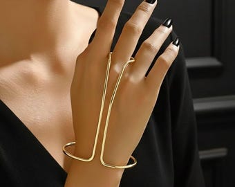 Minimalist Gold Hand Cuff Bracelet, Adjustable Open Cuff with chain, Finger cuff Bracelet Layering Modern Geometrical Bracelet, Gift for her