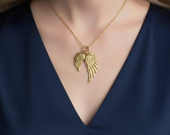 Collar minimalista con colgante de ala de ángel en oro de 18k, collar ajustable de oro, delicado collar de ángel, joyería de diosa, regalo llamativo